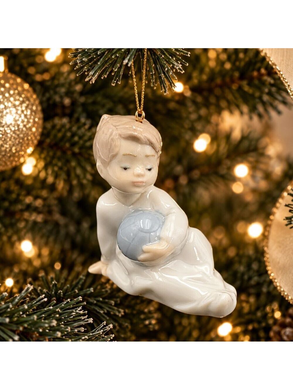 Vtg. Lladro Boy With Blue Ball Porcelain Christmas Ornament Spain 2.5"